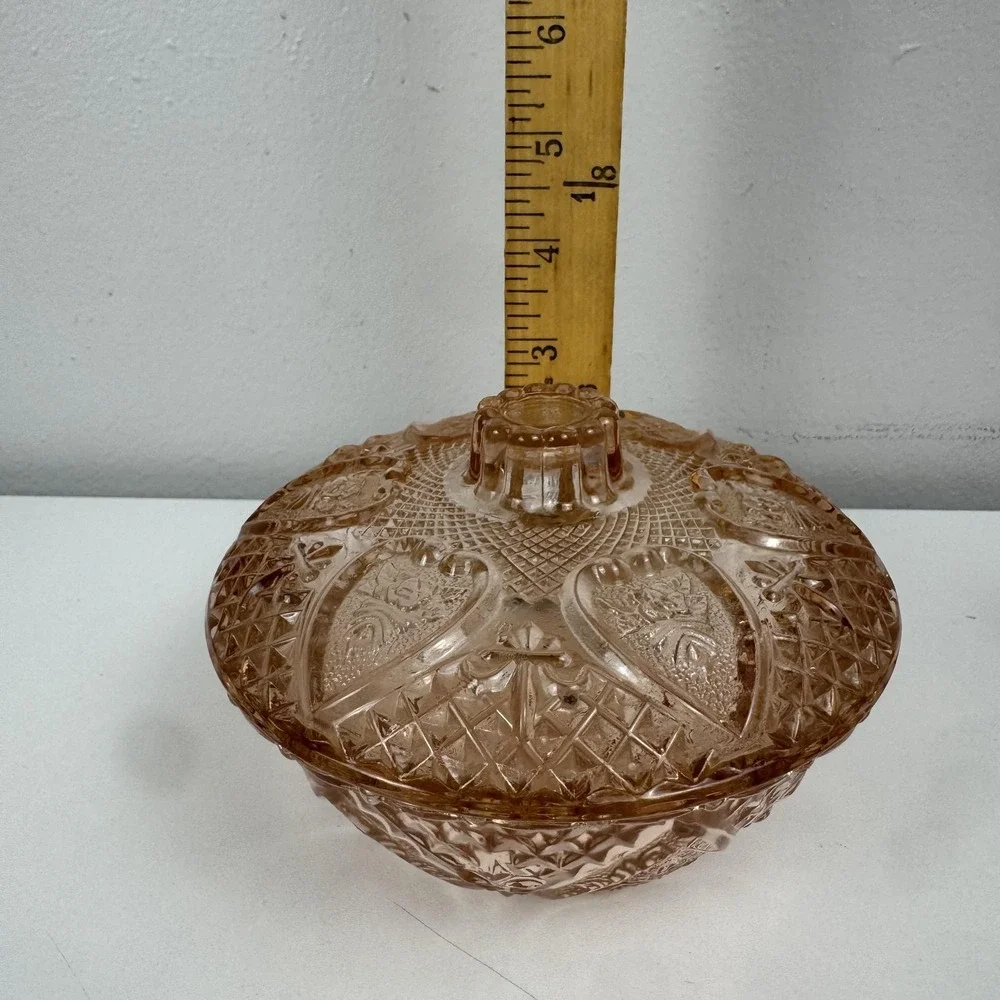 Pink Depression Glass Candy Dish Lidded Bowl Diamond‎ Cut Coquette Cottagecore